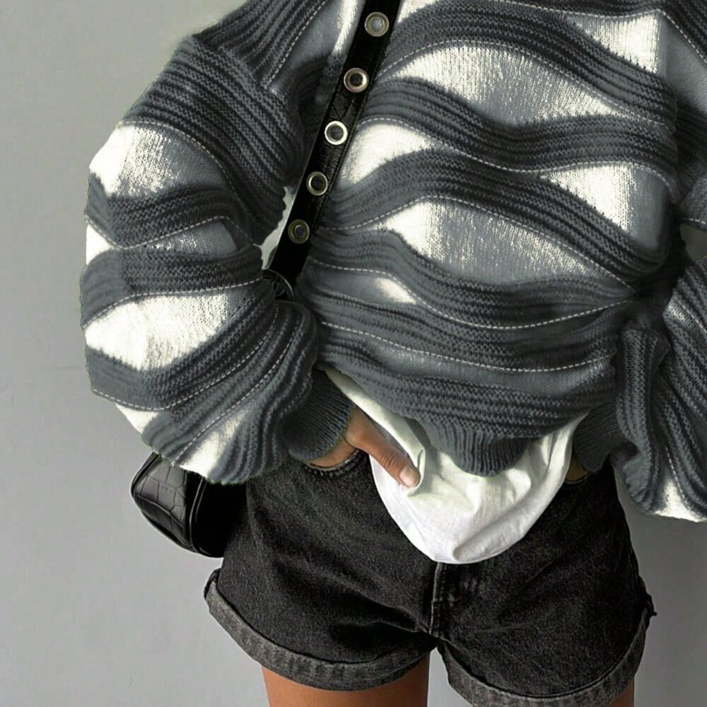 Ash Casual Women's Round Neck Wave Stripe Color Long-Sleeved Knit Sweater